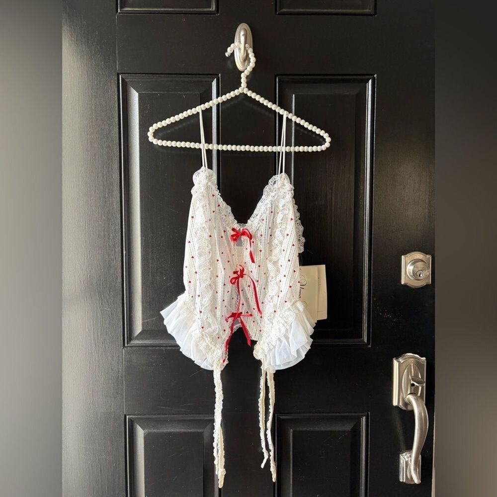 VTG NWT Alana Gale Red Hearts Garter Corset Lingerie Set W/Stockings Size M
